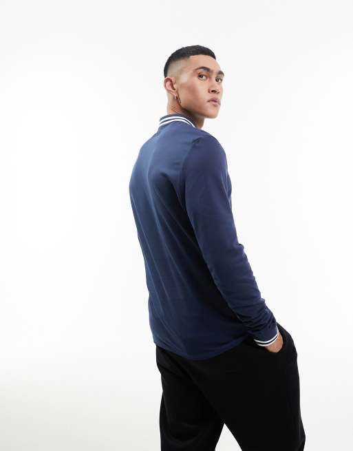ASOS DESIGN long sleeve tipped pique polo shirt in navy, 3 of 4