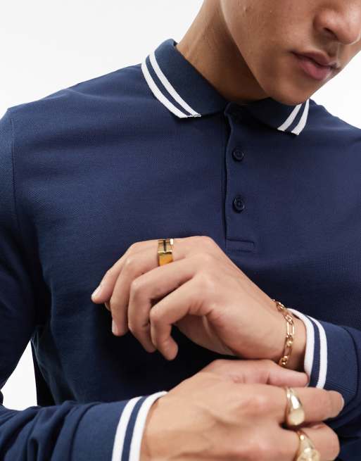 ASOS DESIGN long sleeve tipped pique polo shirt in navy | ASOS