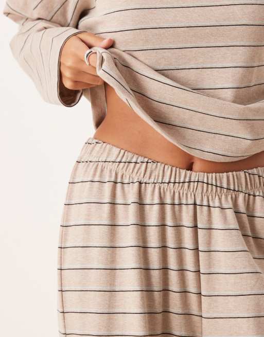 ASOS DESIGN long sleeve top and pants pajama set in cream stripe