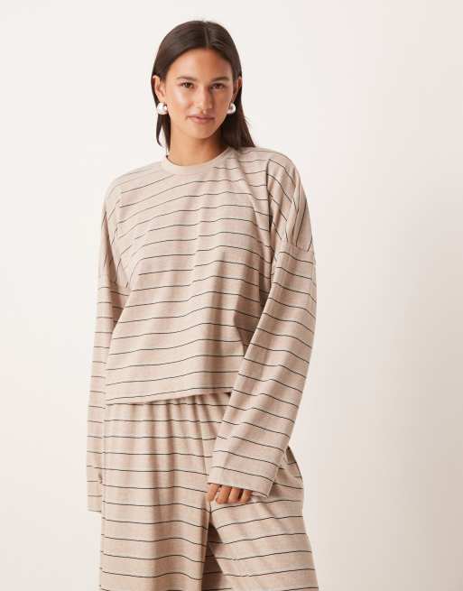 ASOS DESIGN long sleeve top and pants pajama set in cream stripe