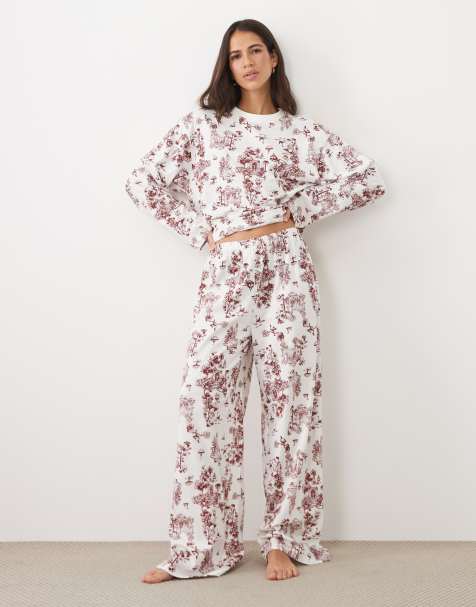 ASOS DESIGN long sleeve top and wide leg pant pyjama set in toile de jouy print - view 1
