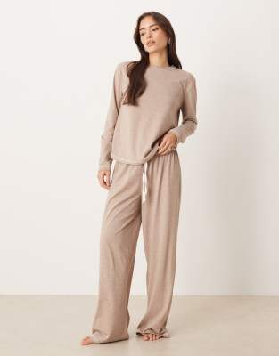ASOS DESIGN long sleeve top and wide leg pants pajama set in heathered brown-Gray