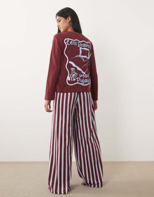 ASOS DESIGN long sleeve top and wide leg pants pajama set with 'less drama more pyjama' graphic, 4 of 4
