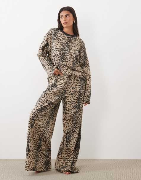 ASOS DESIGN long sleeve top and wide leg trouser pyjama set in animal print - view 1