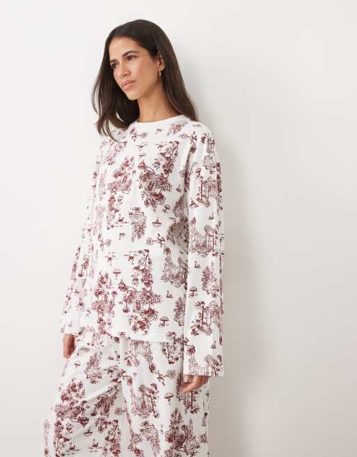 ASOS DESIGN long sleeve top and wide leg trouser pyjama set in toile de jouy print, 2 of 4