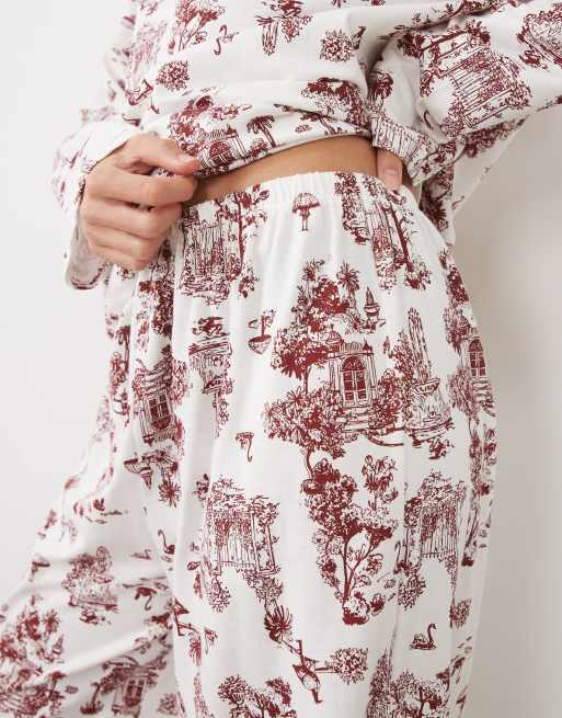 ASOS DESIGN long sleeve top and wide leg trouser pyjama set in toile de jouy print, 3 of 4