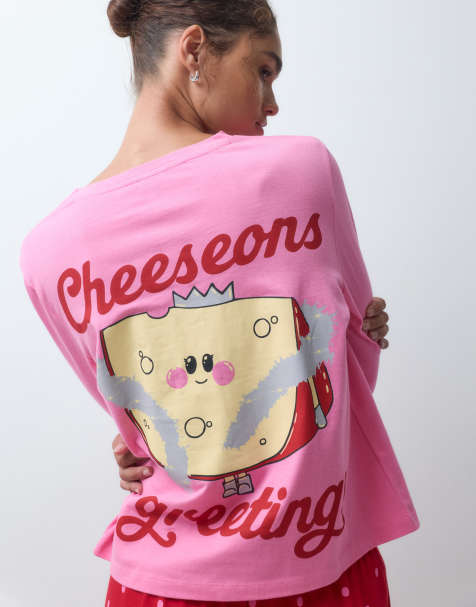 ASOS DESIGN long sleeve top and wide leg trouser pyjama set with cheeseons greetings graphic - view 1