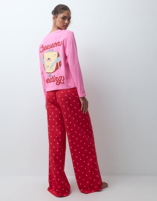 ASOS DESIGN long sleeve top and wide leg trouser pyjama set with cheeseons greetings graphic, 4 of 4