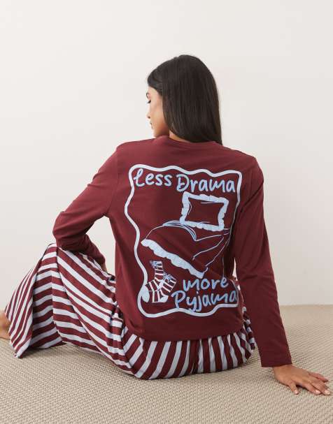 ASOS DESIGN long sleeve top and wide leg trouser pyjama set with less drama more pyjama graphic - view 1