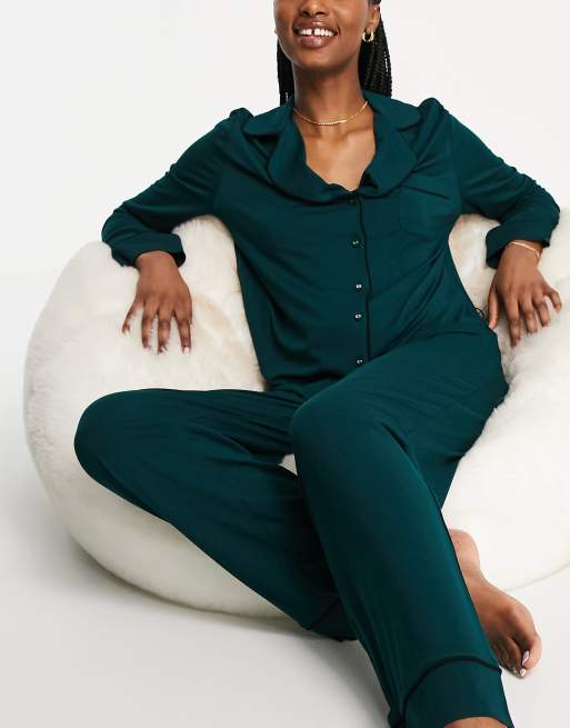 ASOS Design Tall Satin Shirt & Pants Pajama Set with Contrast Piping in Emerald Green