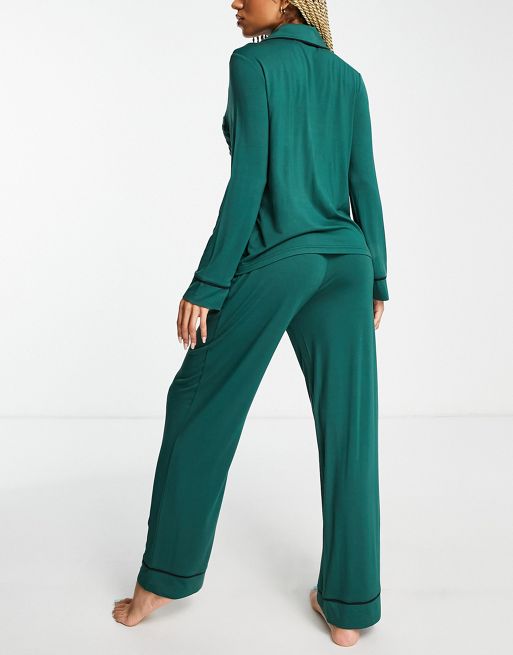 ASOS DESIGN Tall satin shirt & pants pajama set with contrast piping in  emerald green