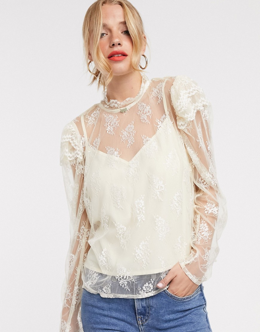 ASOS DESIGN long sleeve top in delicate lace-Cream