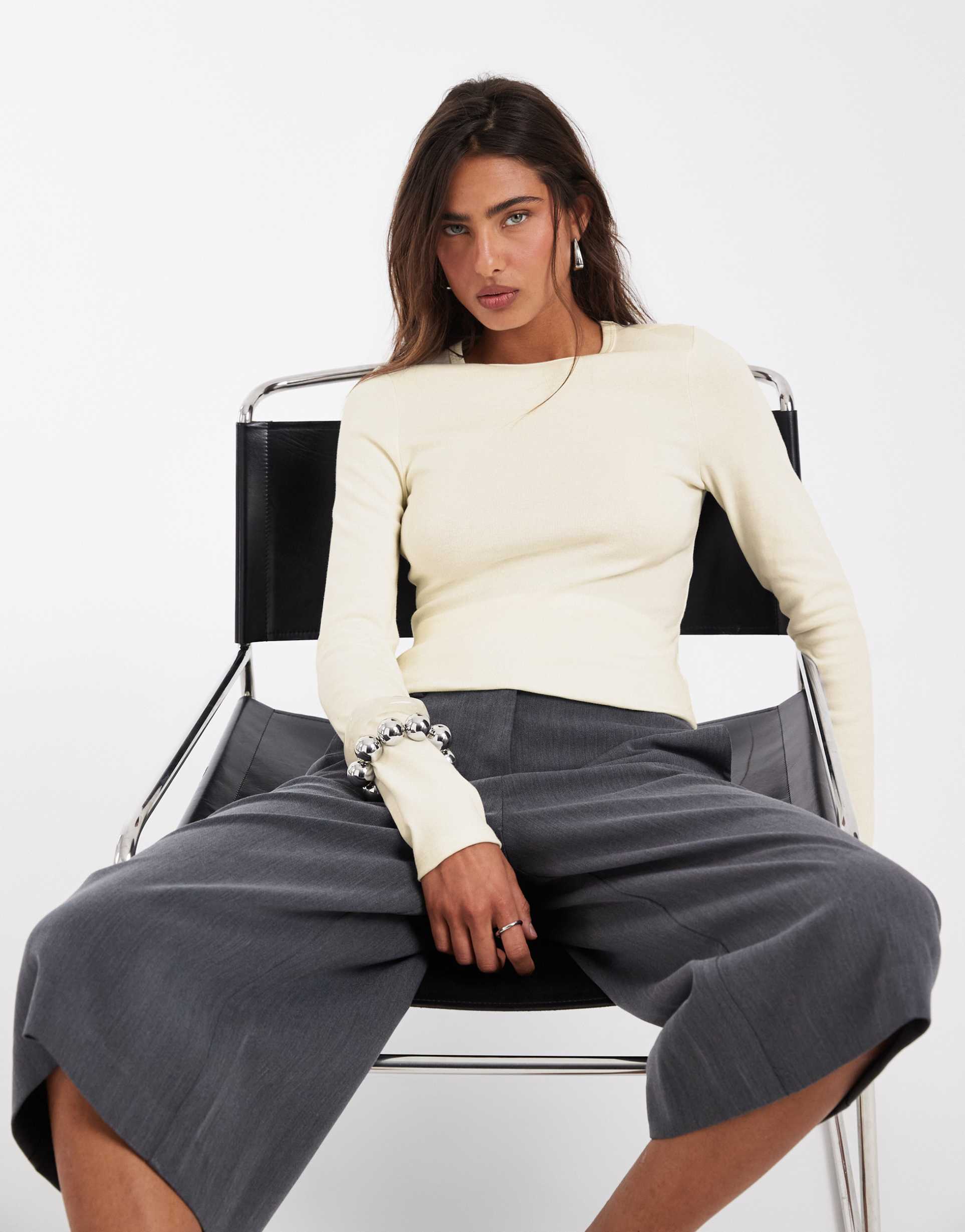 asos design long sleeve top in ivory