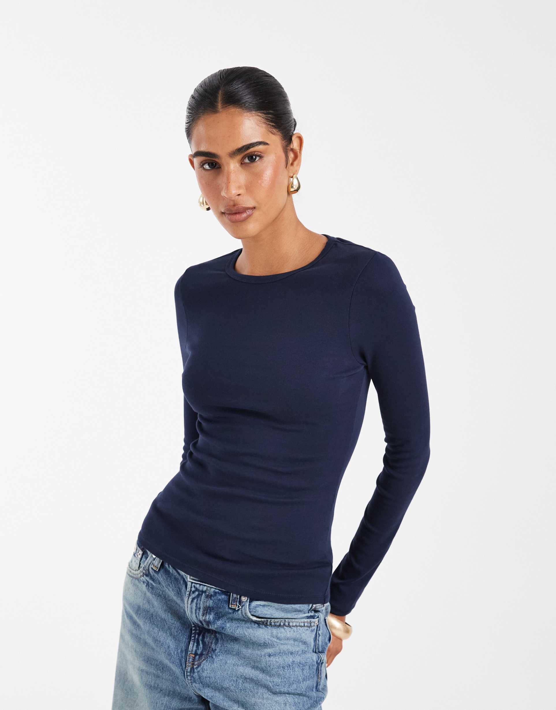asos design long sleeve top in navy