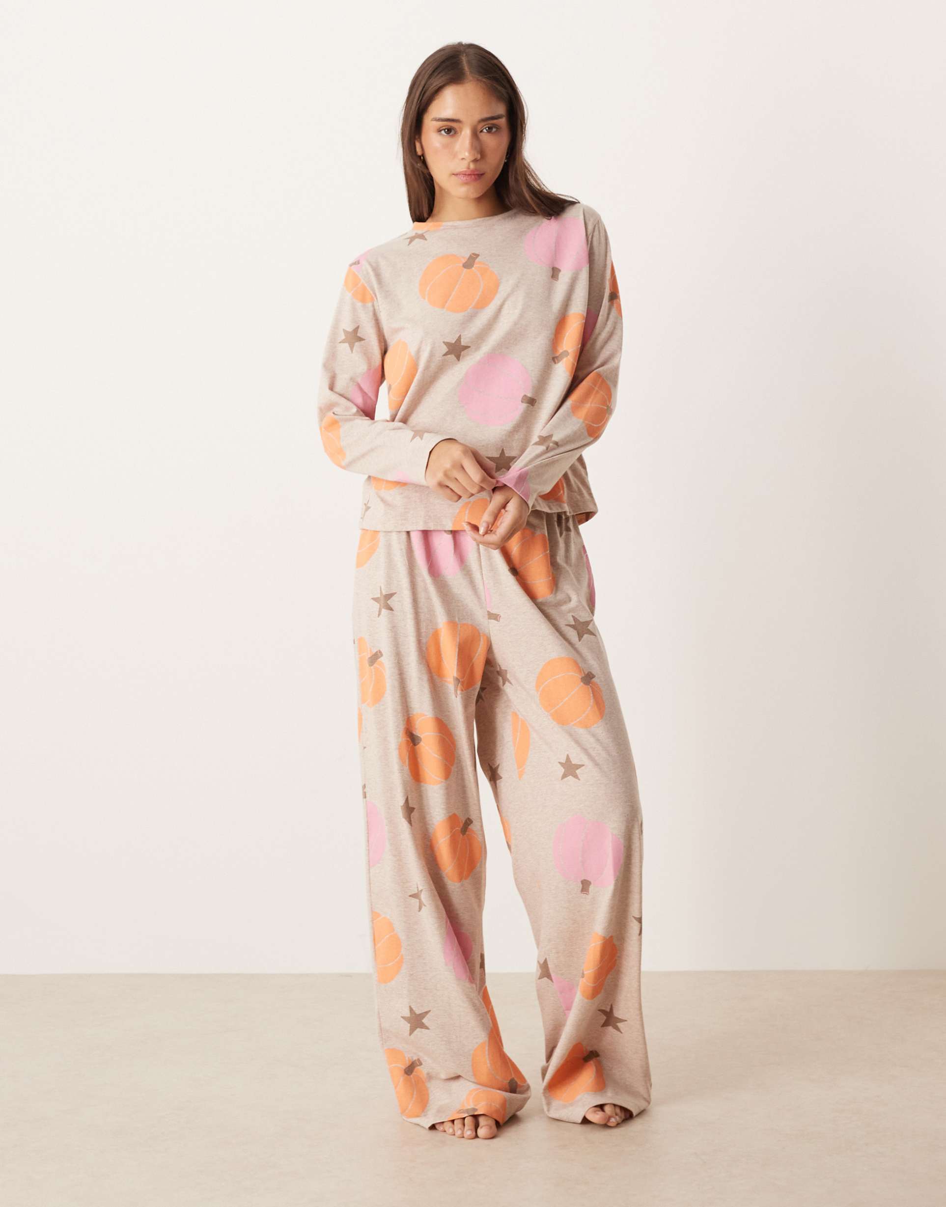 asos design long sleeve top & pants pajama set in pumpkin spice print