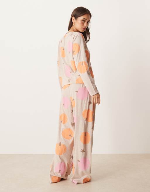 ASOS DESIGN long sleeve top & pants pajama set in pumpkin spice print