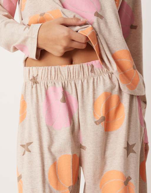 ASOS DESIGN long sleeve top & pants pajama set in pumpkin spice print