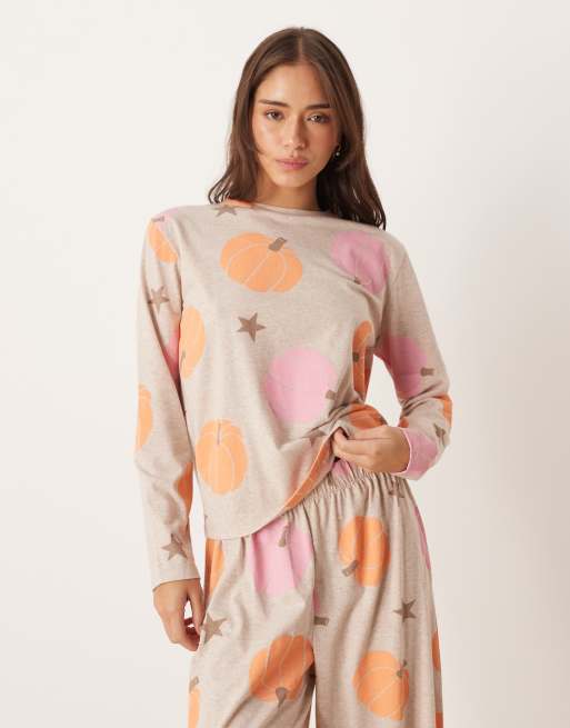 ASOS DESIGN long sleeve top & pants pajama set in pumpkin spice print