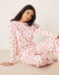 [ASOS DESIGN] ASOS DESIGN long sleeve top & pants pyjama set in pink and red bow print S PINK