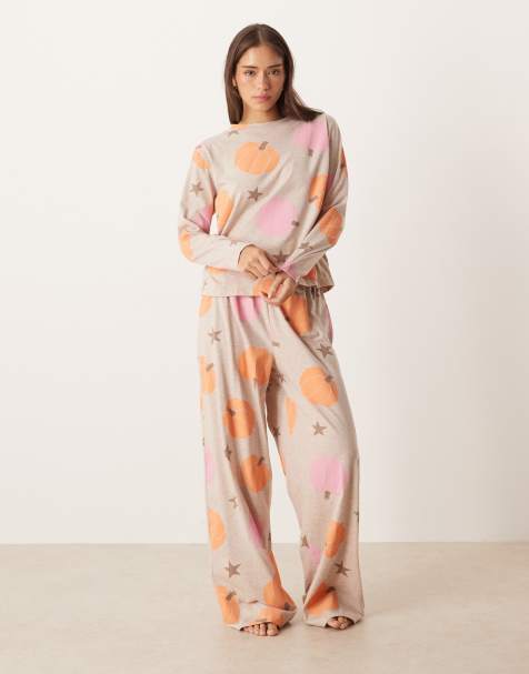 ASOS DESIGN long sleeve top & pants pyjama set in pumpkin spice print - view 1
