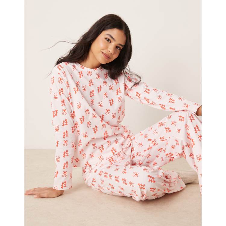 ASOS DESIGN long sleeve top trouser pyjama set in pink and red
