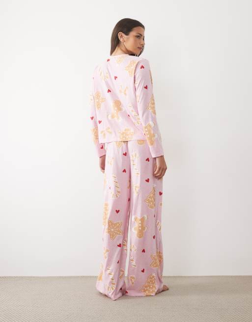 ASOS DESIGN long sleeve top & wide leg pant pyjama set with Christmas cookie graphic, 4 of 4