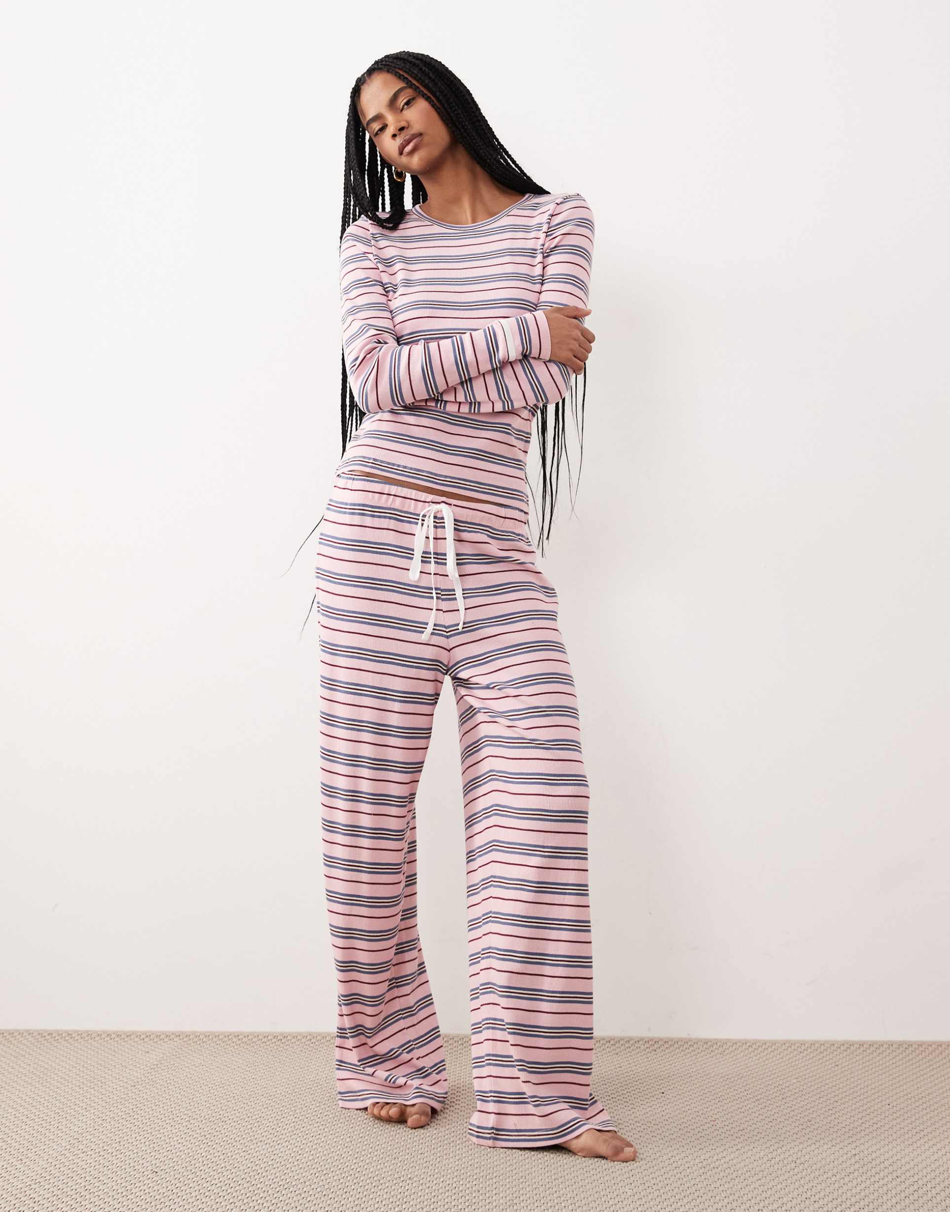 asos design long sleeve top & wide leg pants pajama set in purple & lilac stripe