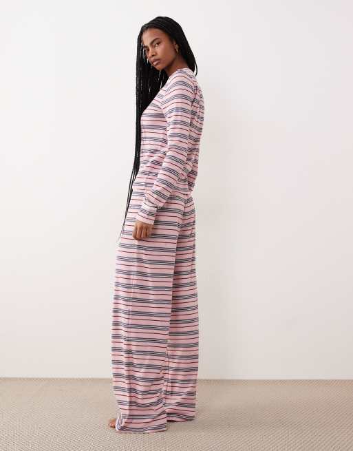 ASOS DESIGN long sleeve top & wide leg pants pajama set in purple & lilac stripe, 4 of 4