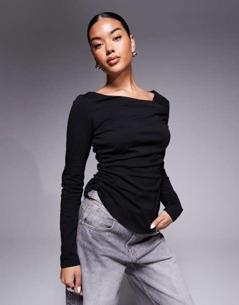 ASOS DESIGN long sleeve top with asymmetric neck and hem in black - view 1