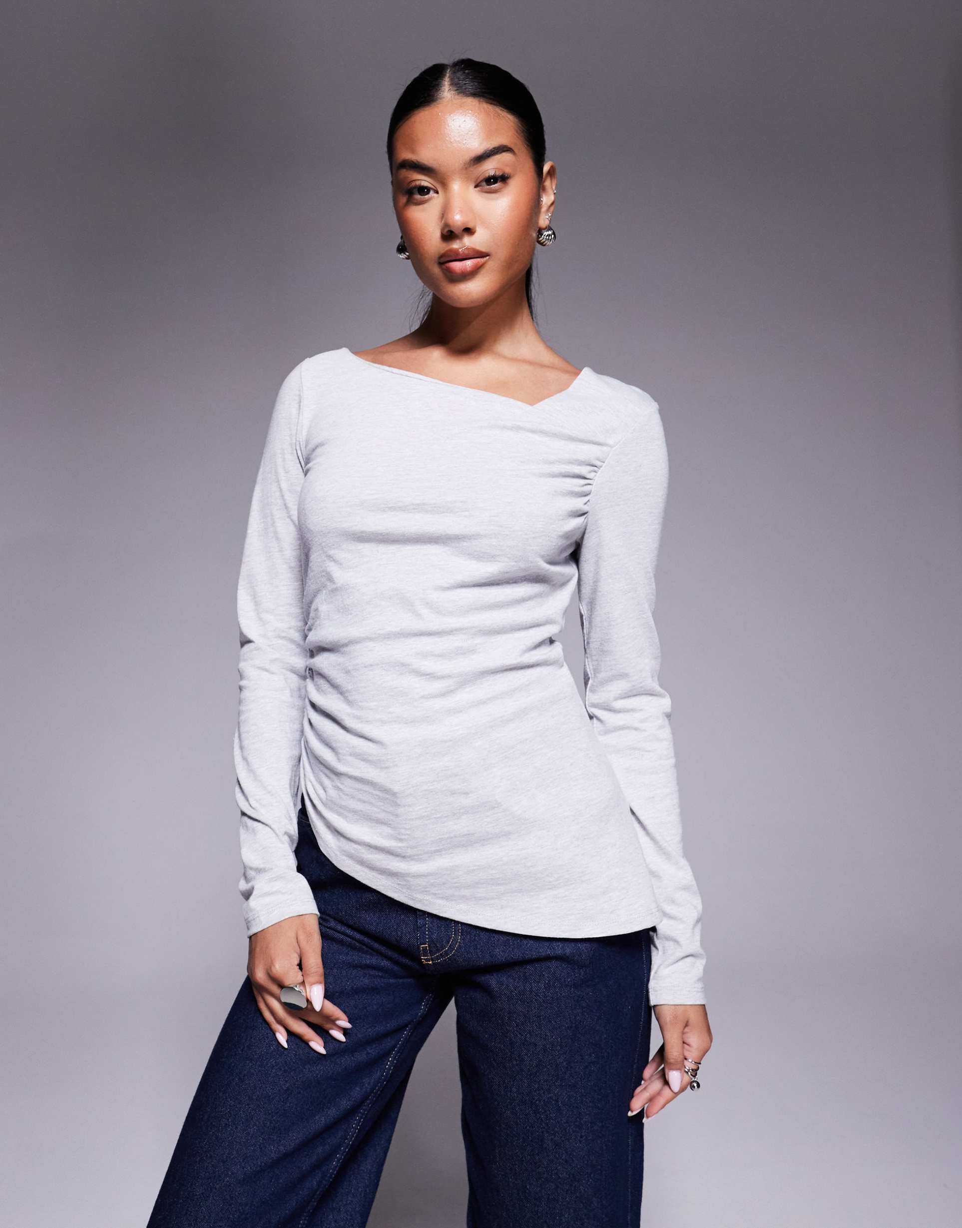asos design long sleeve top with asymmetric neck and hem in gray heather