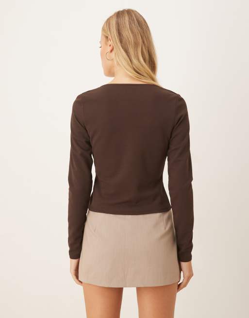 ASOS DESIGN long sleeve top with beaded trim in chocolate in scuba-style fabric, 3 of 4