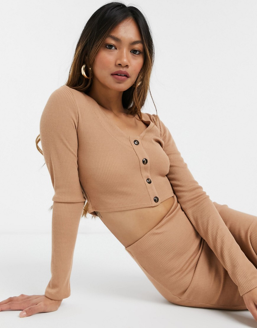 ASOS DESIGN long sleeve top with button detail in tan ribbed set-Brown