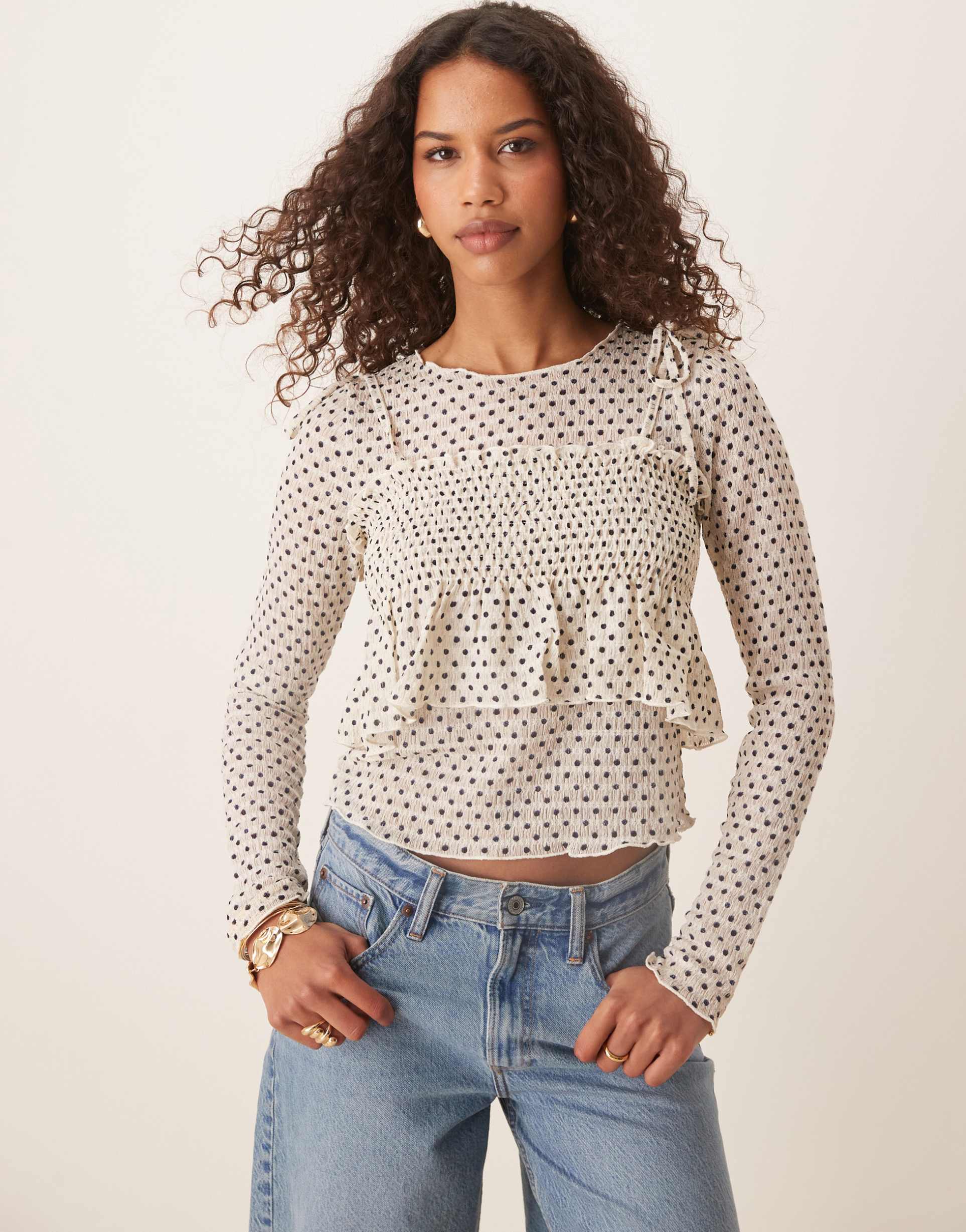 asos design long sleeve top with cami overlay in polka dot print