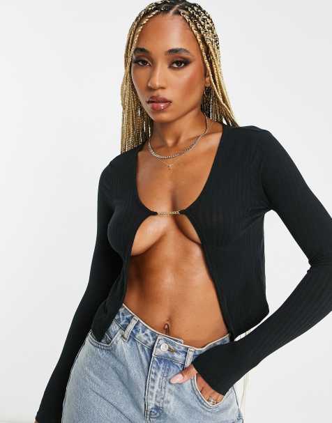 ASOS DESIGN long sleeve top with chain detail in black