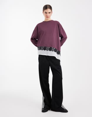 Asos Design Long Sleeve Top With Chiffon Underlay And Lace Trim In Multi