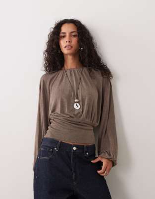 Asos Design Long Sleeve Top With Cinch Waist Detail In Brown
