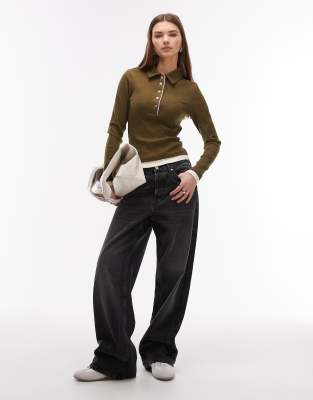 Asos Design Long Sleeve Top With Collar Buttoned Front-multi In Brown