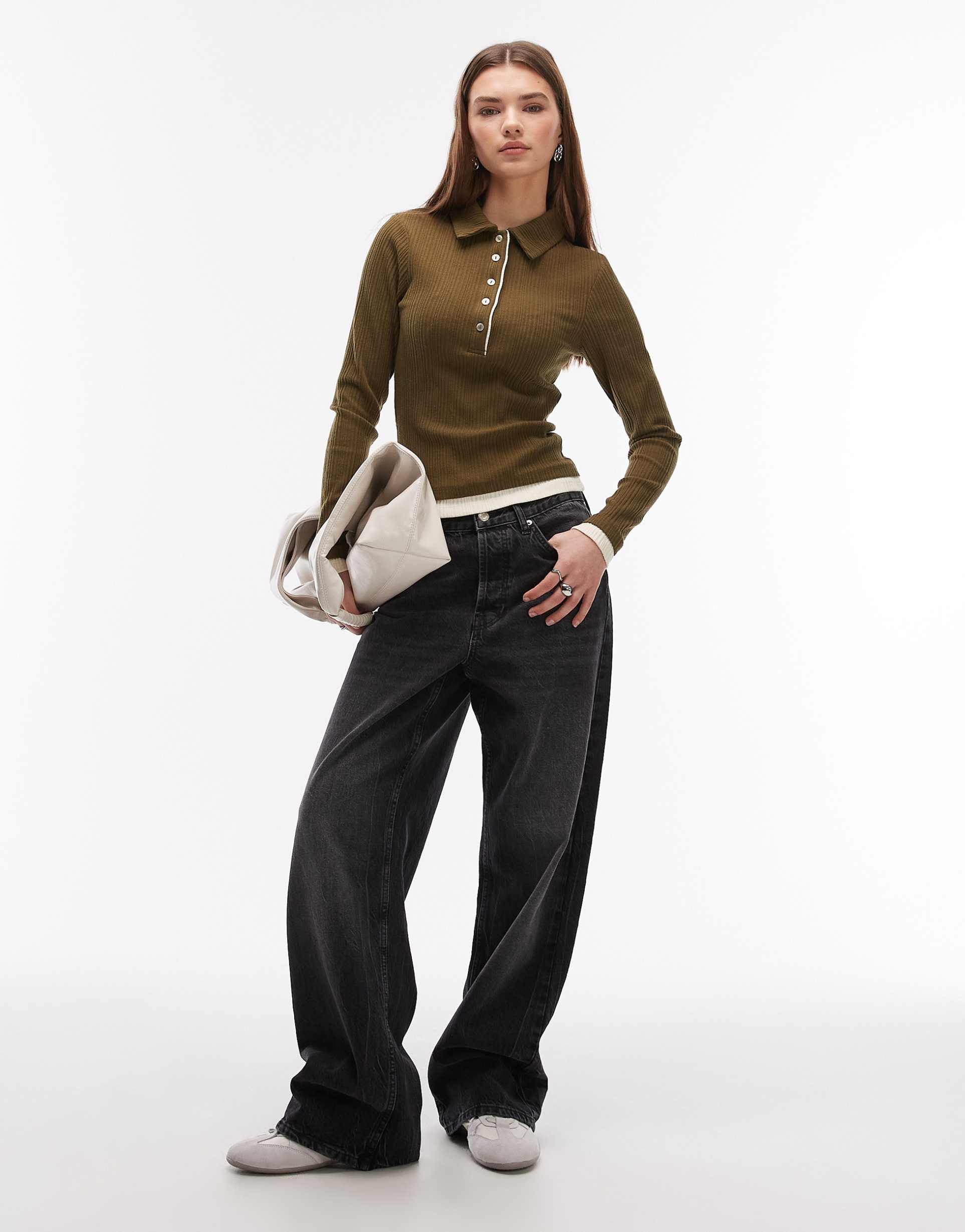 asos design long sleeve top with collar buttoned front