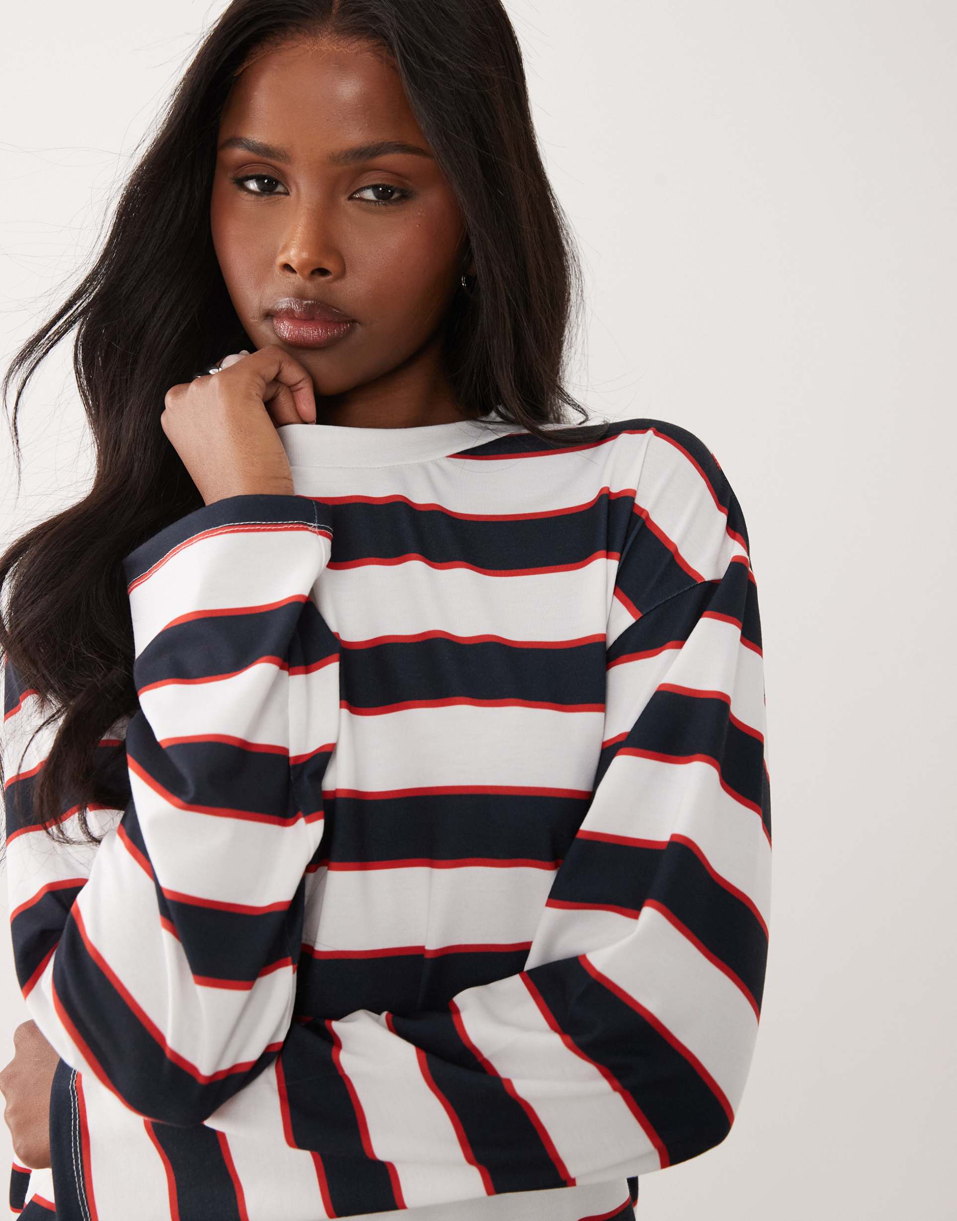 asos design long sleeve top with contrast bandeau over layer in blue stripe