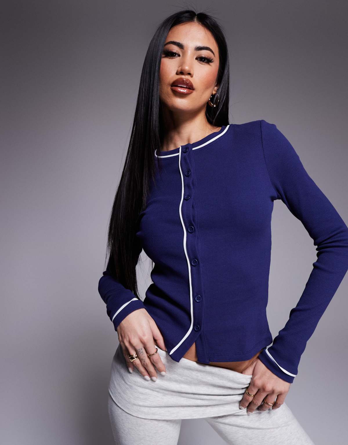 ASOS DESIGN long sleeve top with contrast piping in ivory