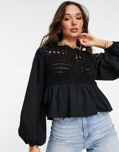 ASOS DESIGN long sleeve top with crochet detail and tie waist in black - view 1
