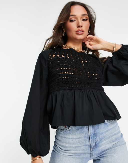 Black Crochet Long Sleeve Top