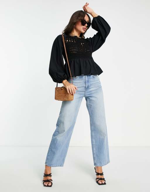ASOS DESIGN long sleeve top with crochet detail and tie waist in black, 2 of 4