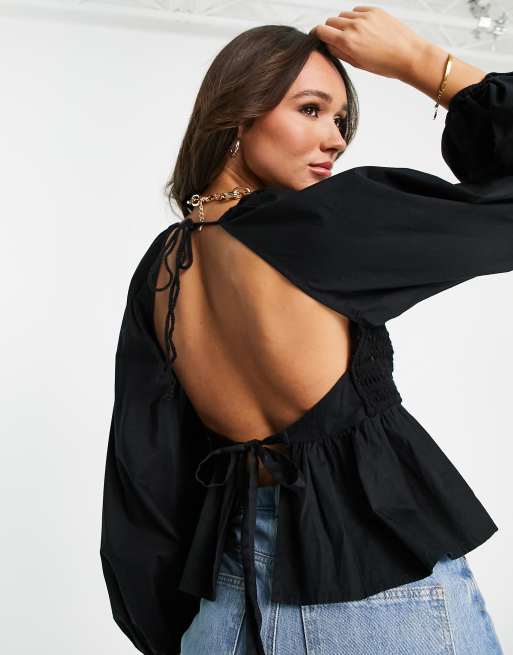 ASOS DESIGN long sleeve top with crochet detail and tie waist in black, 3 of 4