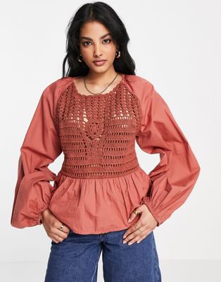 Asos Design Long Sleeve Top With Crochet Detail And Tie Waist In Rust-multi