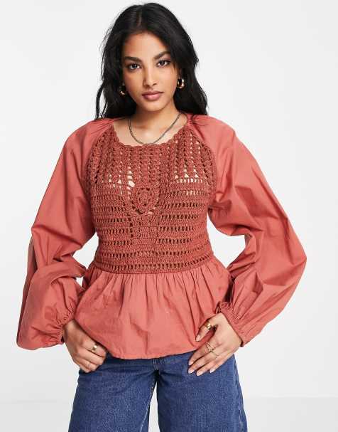 ASOS DESIGN long sleeve top with crochet detail and tie waist in rust - view 1