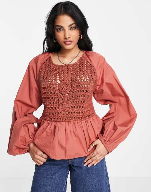 ASOS DESIGN long sleeve top with crochet detail and tie waist in rust