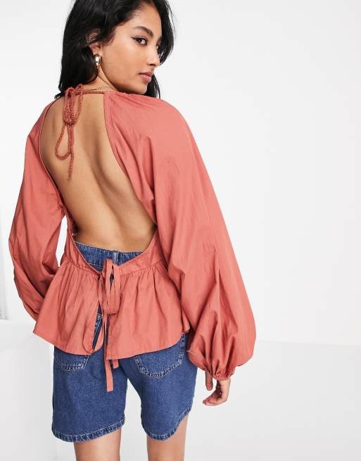 ASOS DESIGN long sleeve top with crochet detail and tie waist in rust, 2 of 4