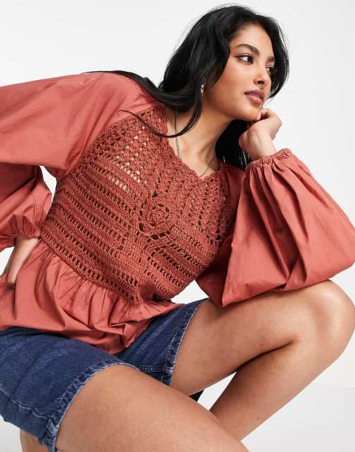 ASOS DESIGN long sleeve top with crochet detail and tie waist in rust, 3 of 4