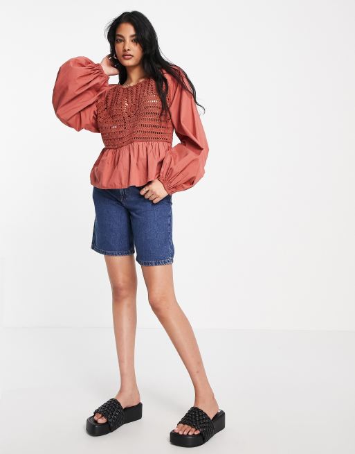 ASOS DESIGN long sleeve top with crochet detail and tie waist in rust, 4 of 4